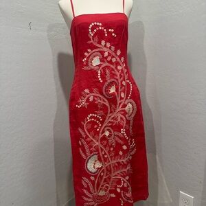 French‎ Connection deep coral Midi Dress with pink and White Embroidery